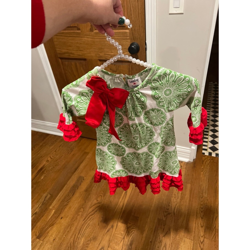 Counting‎ Daisies Girls Size 4T Green White Floral Print Red Ruffle Trim Dress